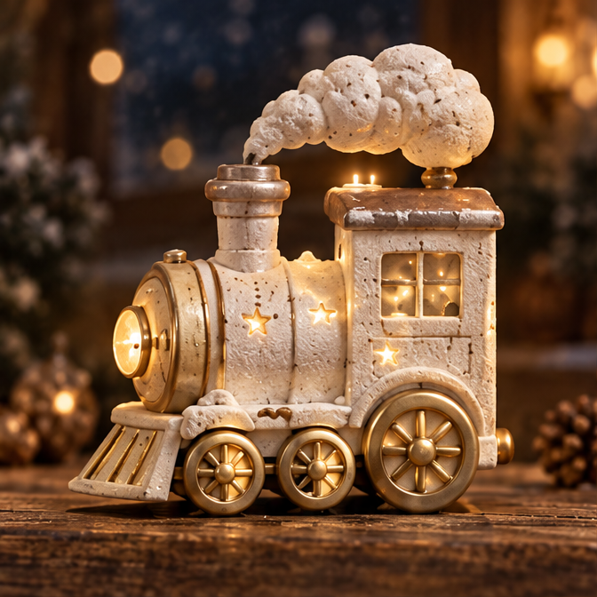 Cream and gold Christmas train decoration with glowing stars, windows and a sculpted smoke plume.