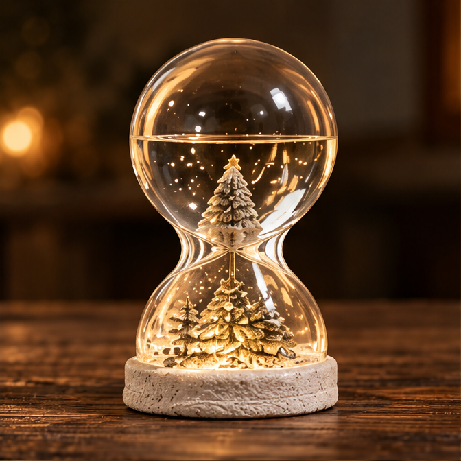 Clear hourglass-shaped Christmas decoration with illuminated miniature trees on a cream-colored textured base.