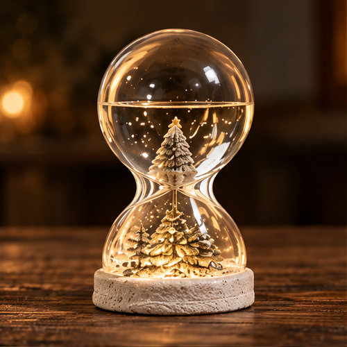 Clear hourglass-shaped Christmas decoration with illuminated miniature trees on a cream-colored textured base.
