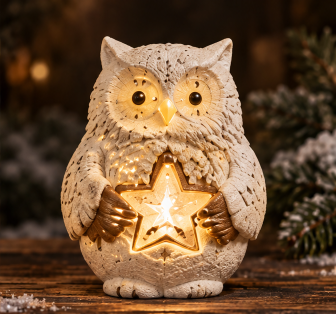Cream-colored Christmas owl holding a glowing star, shown from the front without text overlays