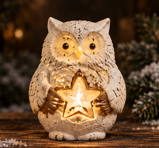 Cream-colored Christmas owl holding a glowing star, shown from the front without text overlays