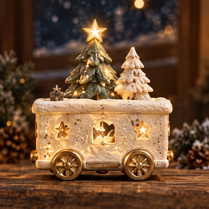 Light-up Christmas train car with green and white trees, a glowing star topper and gold-tone wheels.