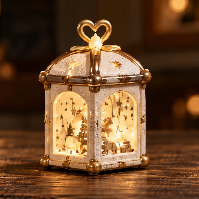 Cream and gold-tone gift box Christmas lantern with a heart-shaped top and glowing festive scene.