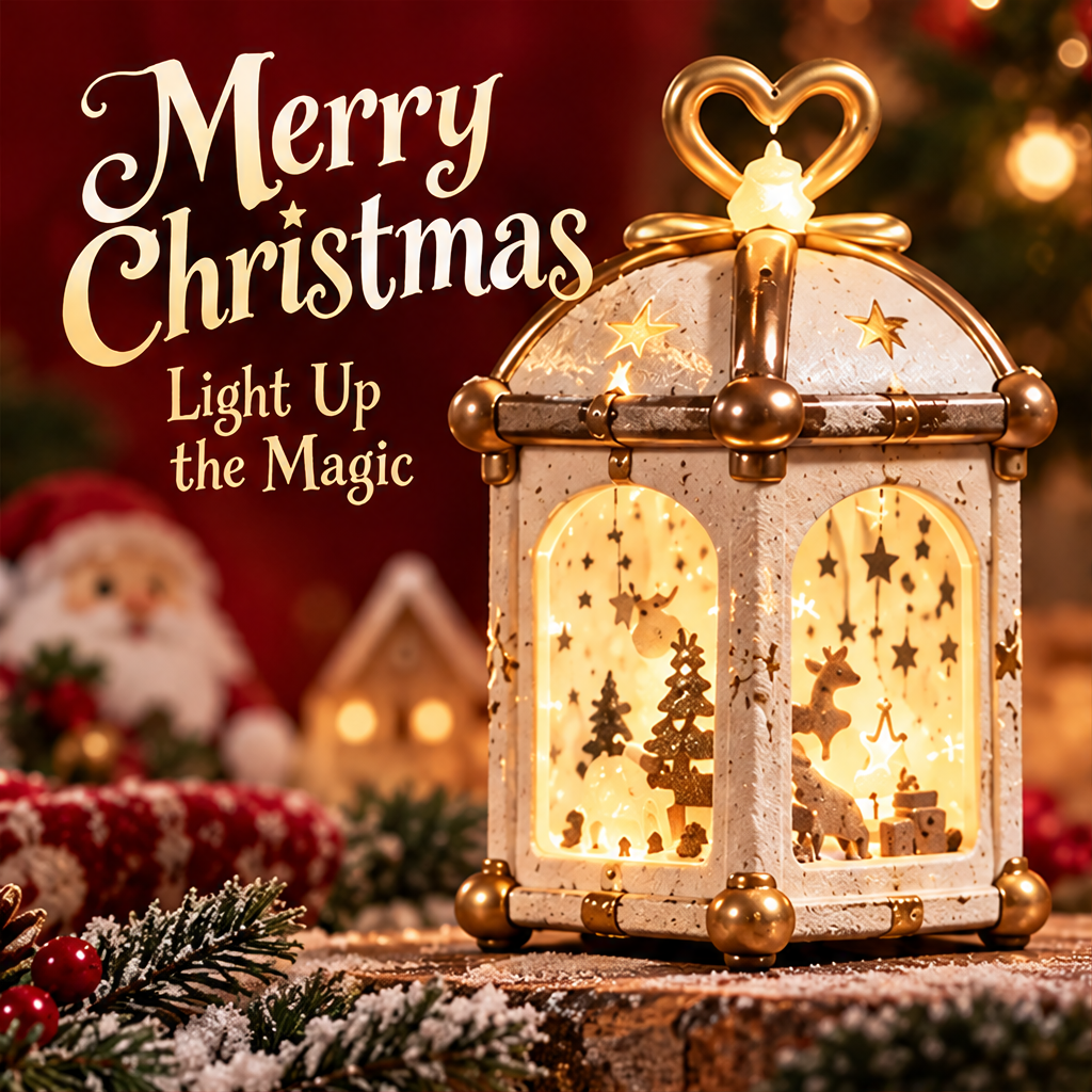 Illuminated Christmas gift box lantern with reindeer, trees and hanging stars beside Light Up the Magic text.