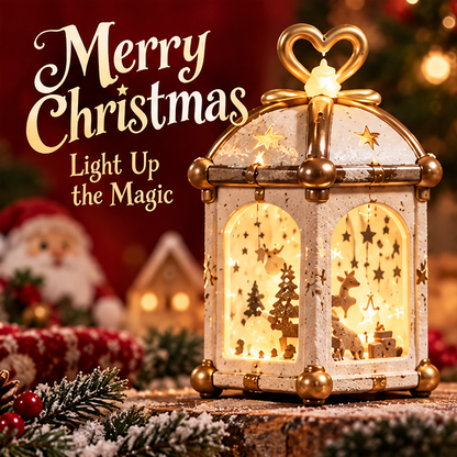 Illuminated Christmas gift box lantern with reindeer, trees and hanging stars beside Light Up the Magic text.