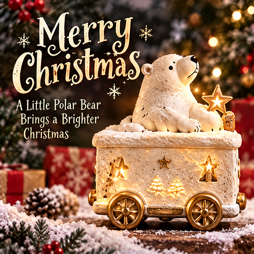 Polar bear Christmas train car in a festive display with A Little Polar Bear Brings a Brighter Christmas text.