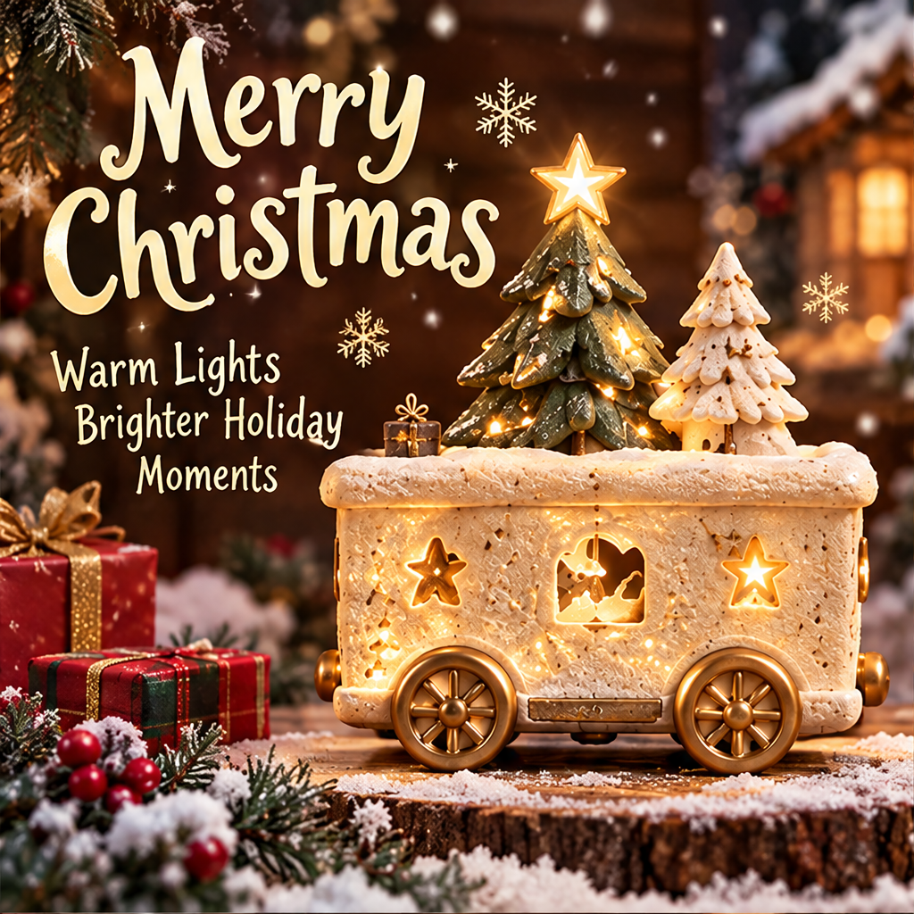 Christmas tree train car glowing in a festive display with Warm Lights, Brighter Holiday Moments text.