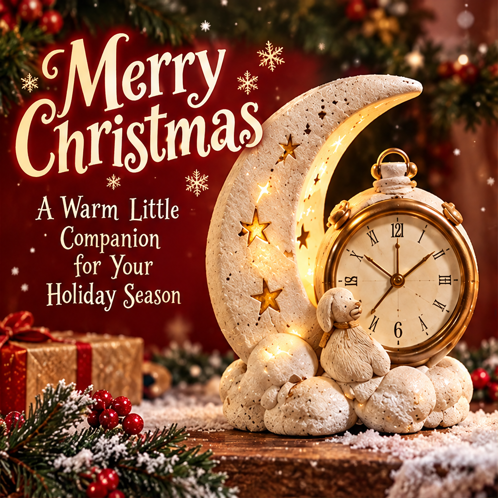 Moon and clock-face Christmas decoration with A Warm Little Companion for Your Holiday Season text.