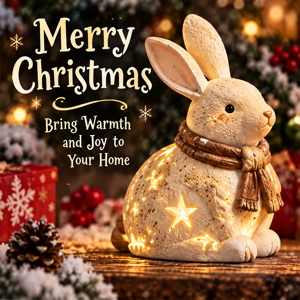 Light-up Christmas bunny shown from the front at an angle beside festive gifts and pinecones