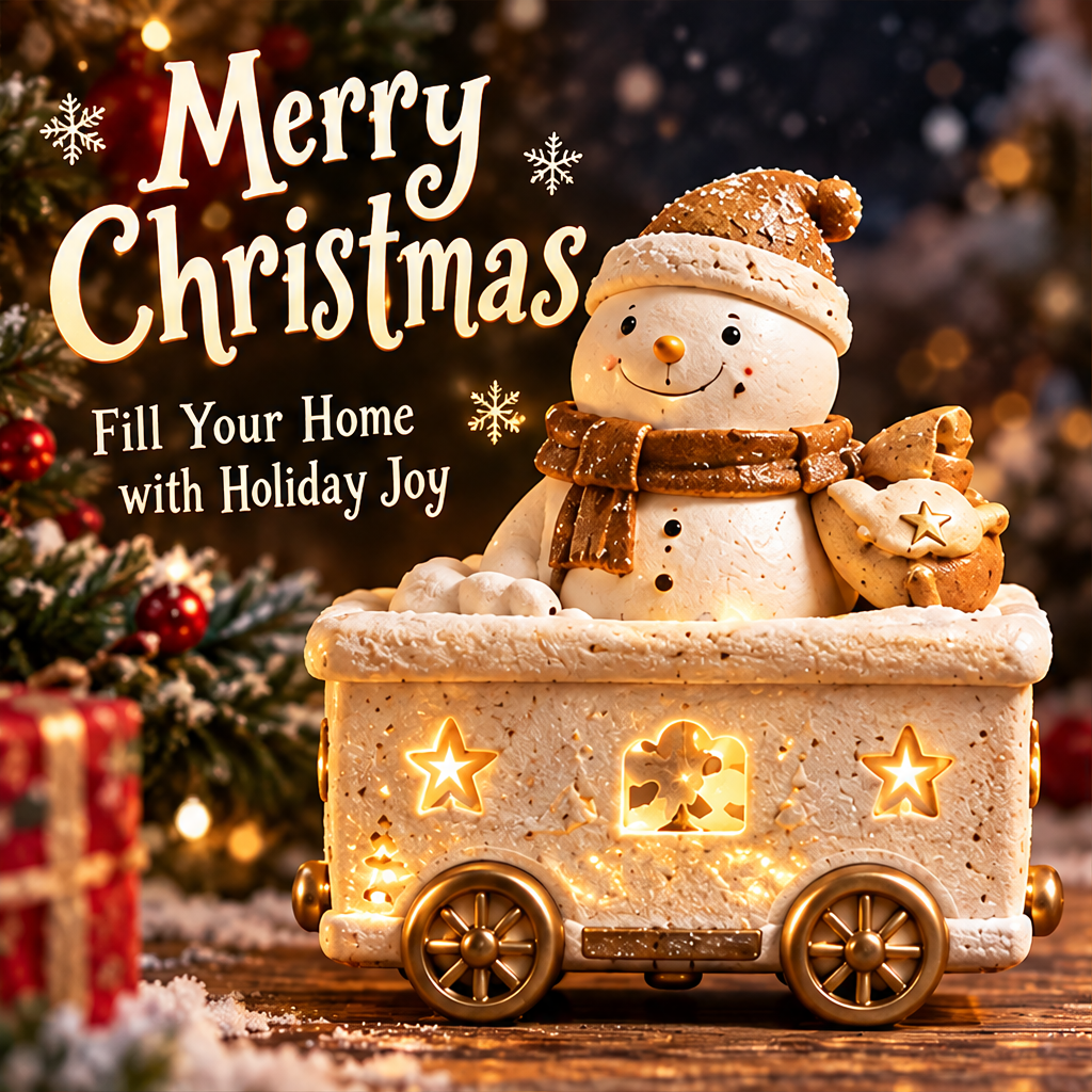 Smiling snowman in an illuminated Christmas train car with Fill Your Home with Holiday Joy text.