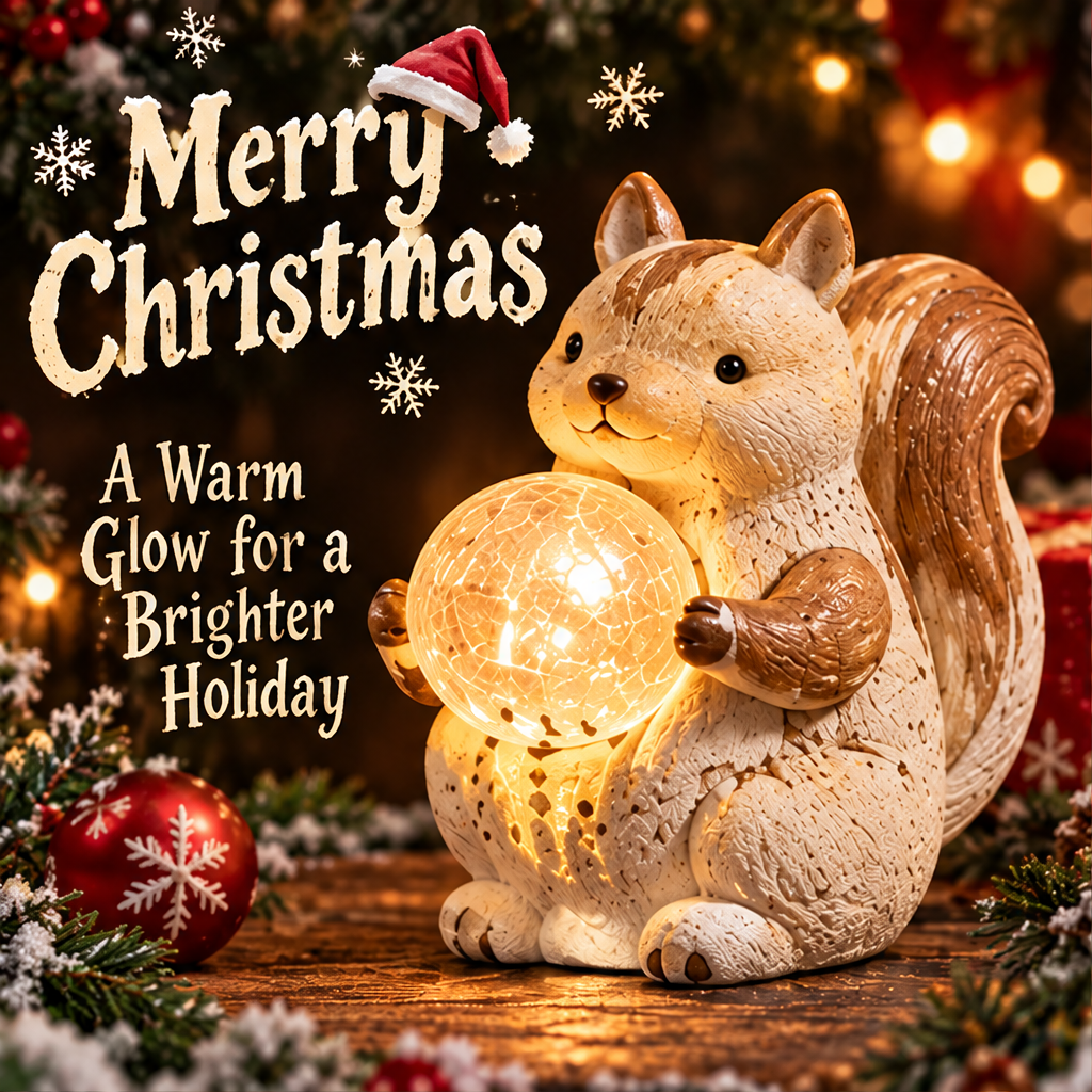 Christmas squirrel holding a patterned glowing orb beside red ornaments and festive greenery