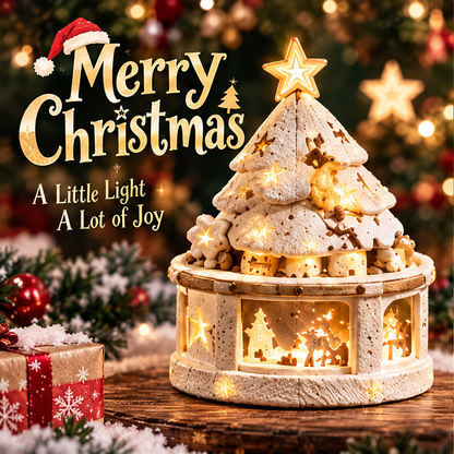 Illuminated snowy Christmas tree decoration beside gifts with A Little Light A Lot of Joy text.