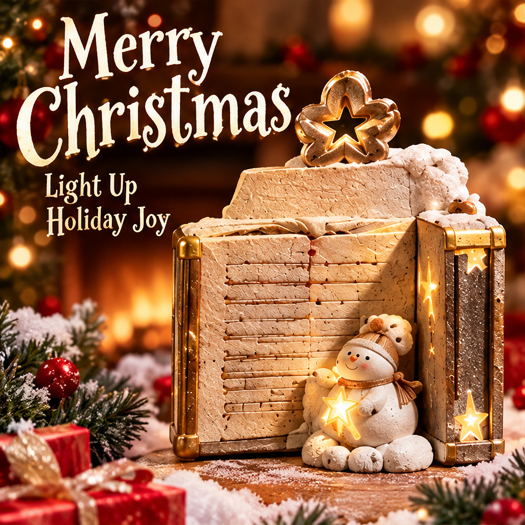 Snowman book Christmas decoration in a festive setting with Light Up Holiday Joy text.