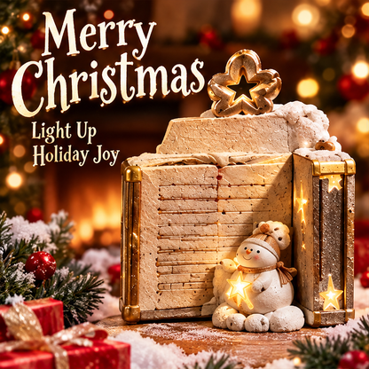 Snowman book Christmas decoration in a festive setting with Light Up Holiday Joy text.