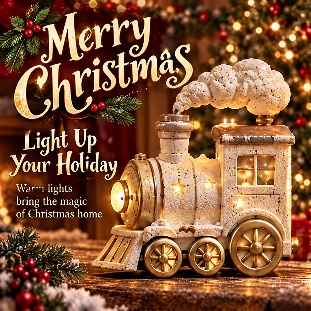 Light-up Christmas train in a festive setting with Merry Christmas and Light Up Your Holiday text.