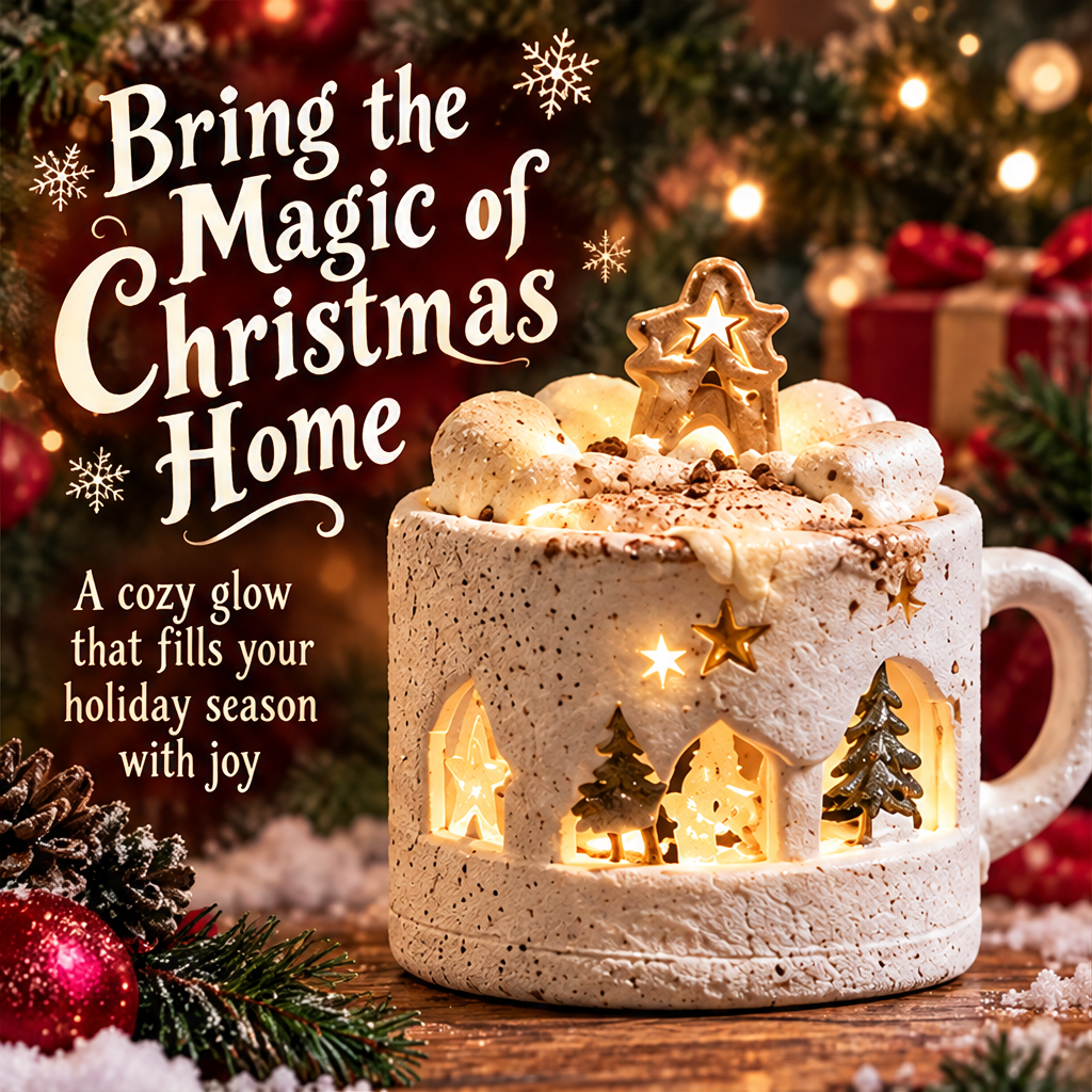 Glowing cocoa mug Christmas decoration beside festive greenery with Bring the Magic of Christmas Home text.