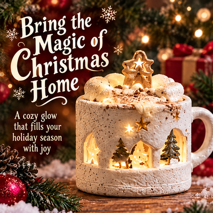 Glowing cocoa mug Christmas decoration beside festive greenery with Bring the Magic of Christmas Home text.