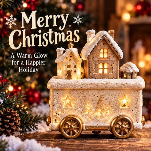 Illuminated Christmas village train car beside a Christmas tree with A Warm Glow for a Happier Holiday text.