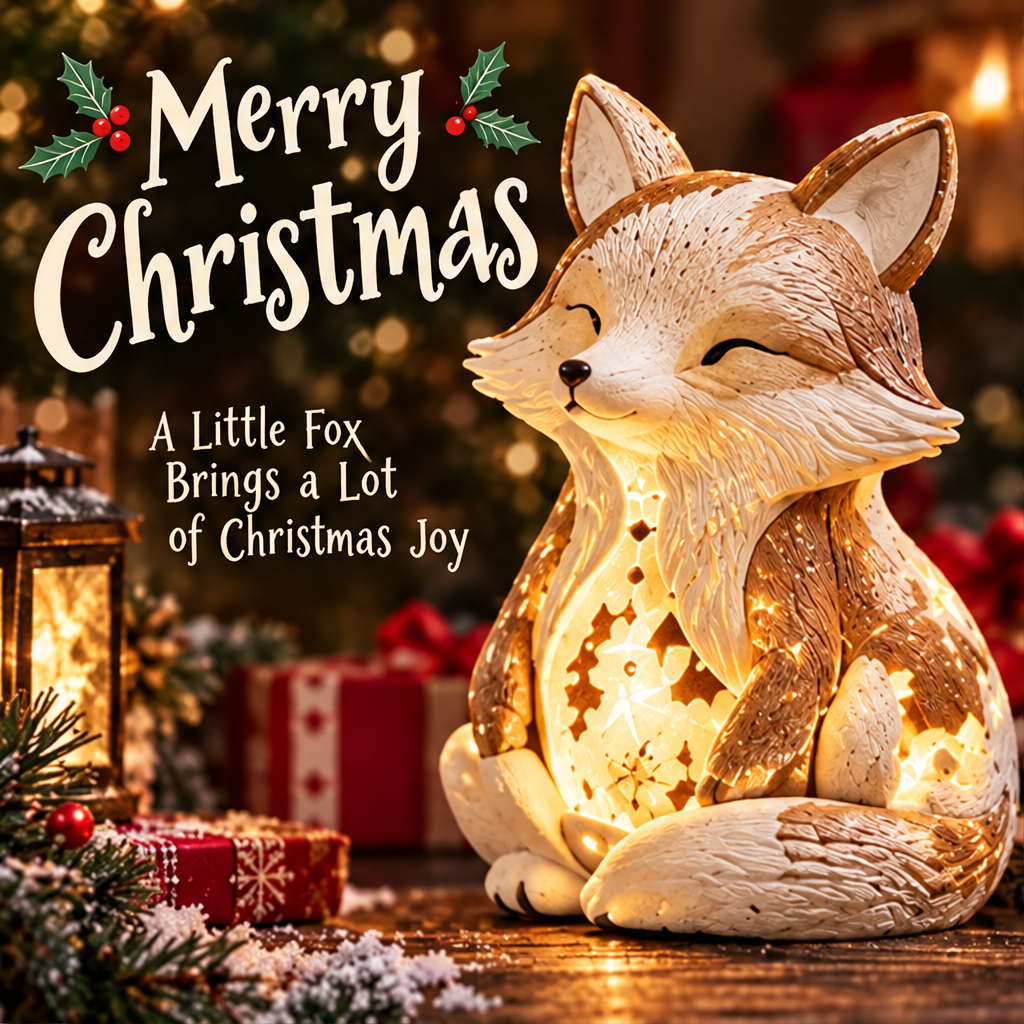 Light-up Christmas fox shown from the front at an angle beside festive gifts and greenery