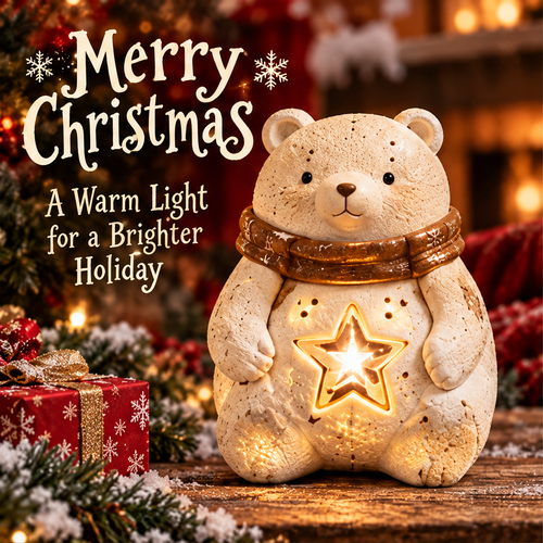 Light-up Christmas bear with a glowing belly star beside wrapped presents and festive greenery
