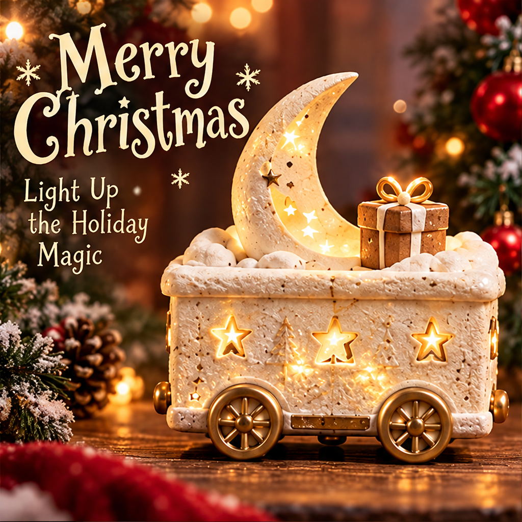 Crescent moon Christmas train car in a festive scene with Light Up the Holiday Magic text.