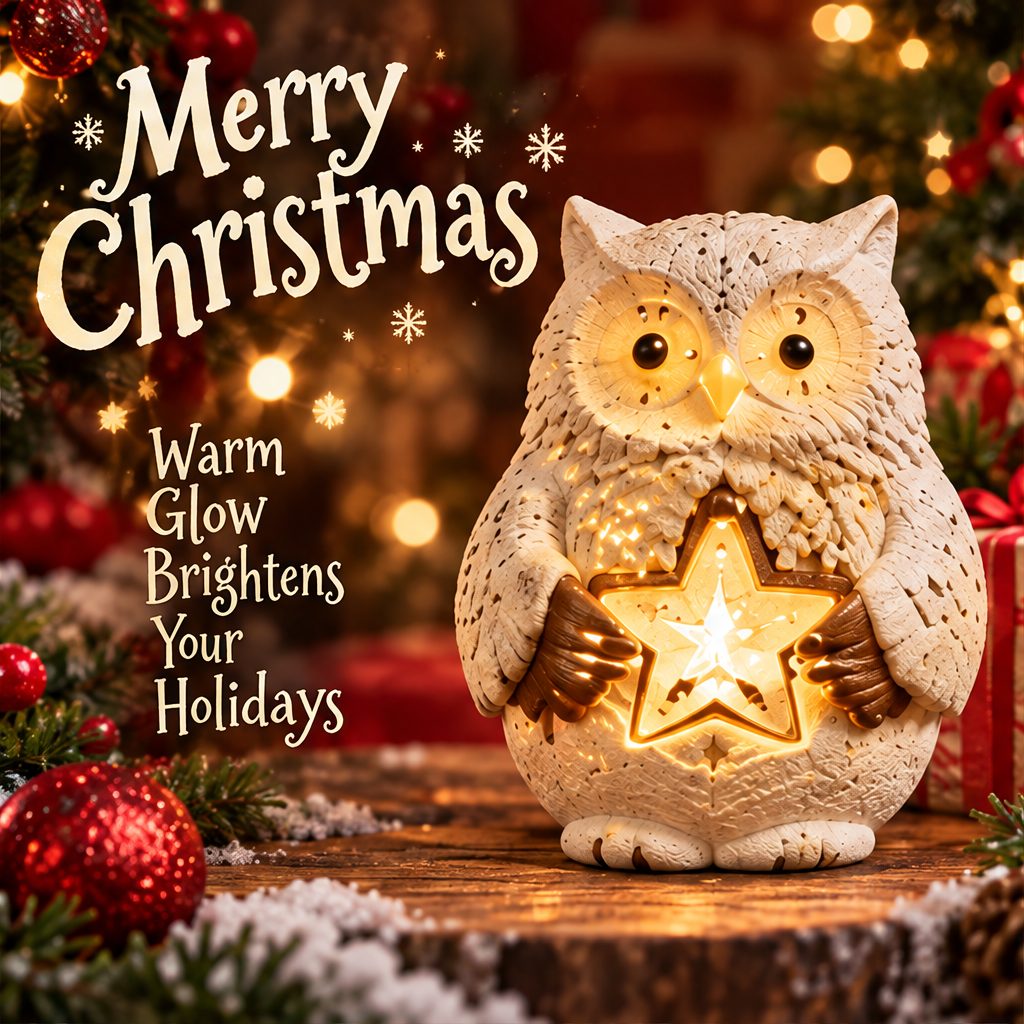 Light-up Christmas owl with a glowing star beside festive greenery and red ornaments