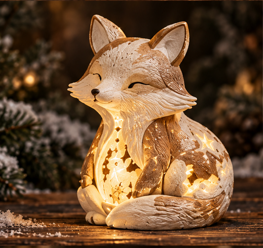 Cream and brown-gold seated Christmas fox with a curled tail and warm glowing star and tree details