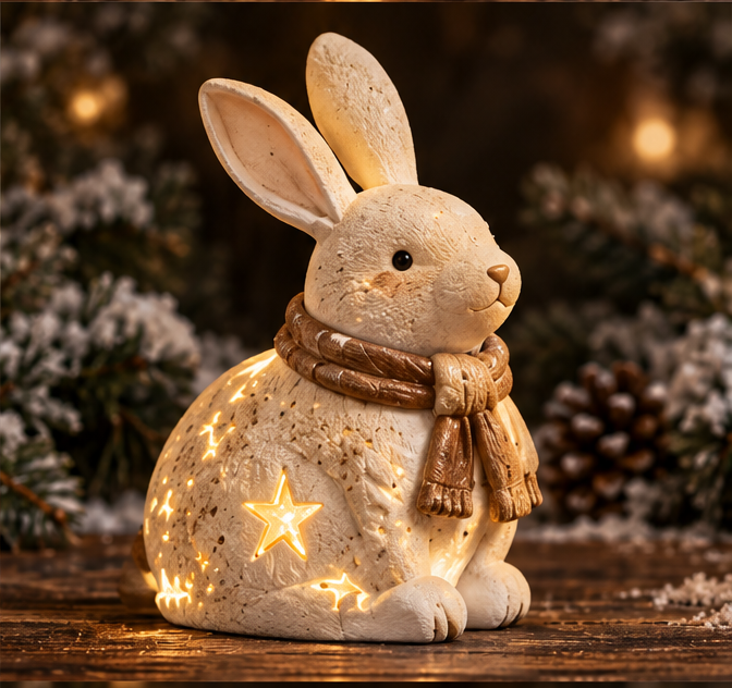 Cream-colored seated Christmas bunny with tall ears, a brown-gold scarf, and warm glowing stars