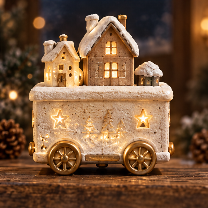 Christmas village train car with three snowy houses, glowing windows, star openings and gold-tone wheels.