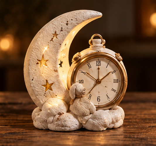 Glowing crescent moon beside a gold-tone clock face and little rabbit on a cream rounded base.