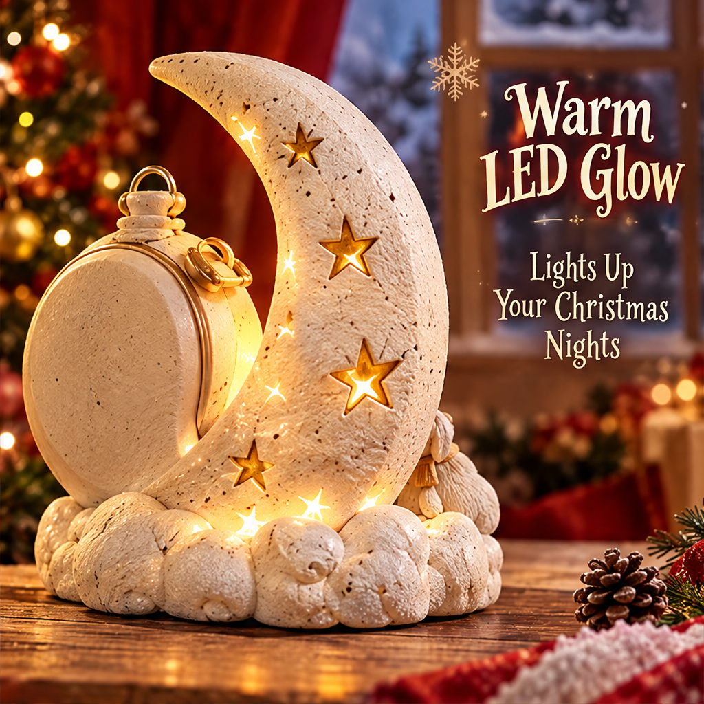 Rear view of the crescent moon decoration with text describing its warm LED glow.