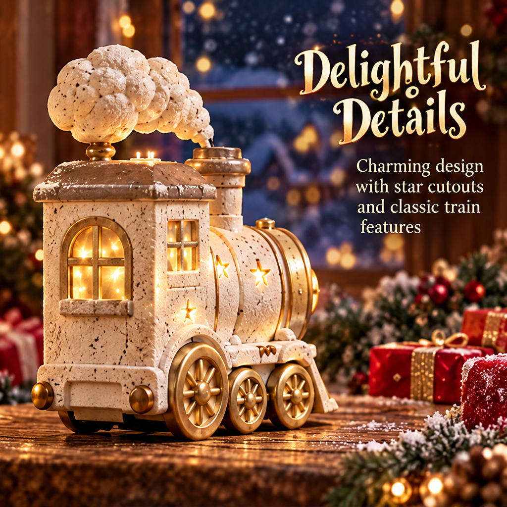 Rear three-quarter view of the Christmas train showing star cutouts, illuminated windows and gold-tone wheels.