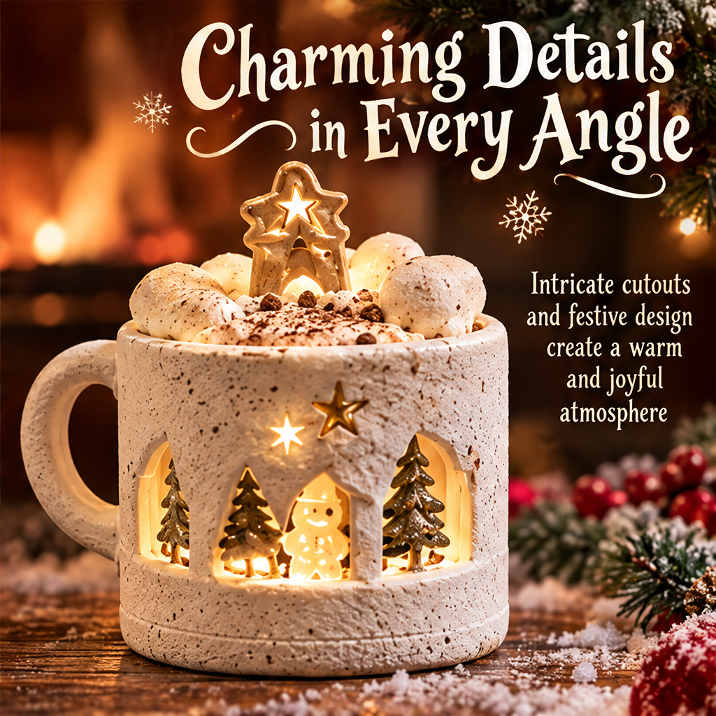 Overhead view of the mug-shaped decoration showing marshmallow-inspired details and a glowing star accent.