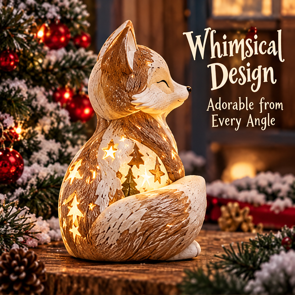 Side view of the Christmas fox showing pointed ears, textured brown-gold details, and a curled tail