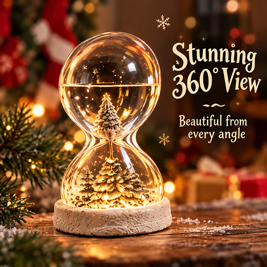 Christmas tree hourglass decoration tilted sideways to show the detailed tree scene and glistening lights.