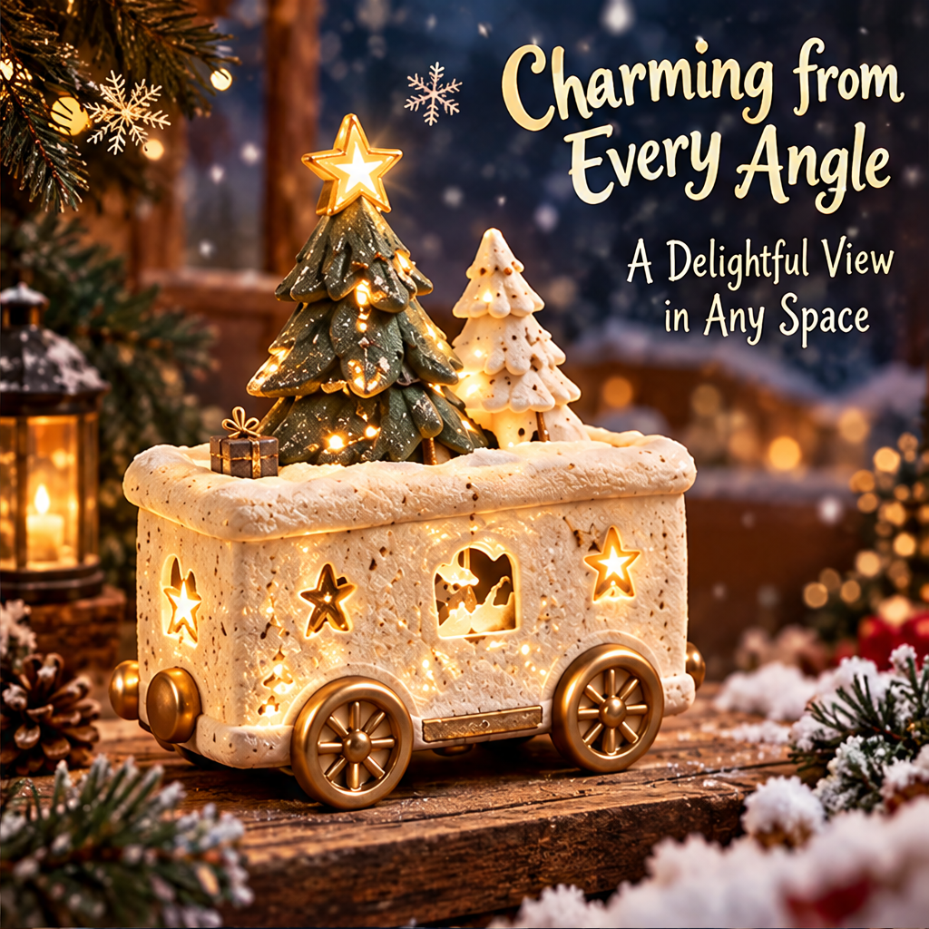 Angled view of the illuminated Christmas train car showing star openings, trees and gold-tone wheels.