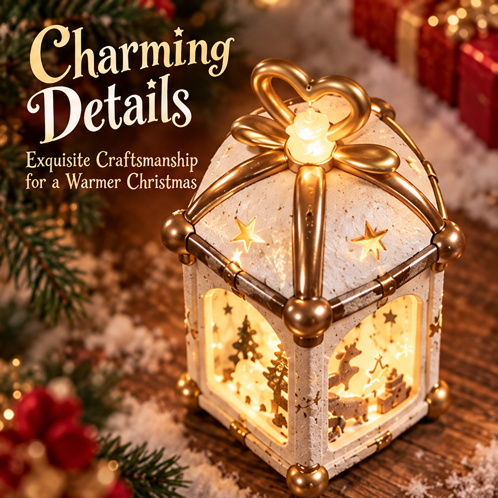 Christmas gift box lantern glowing beside festive greenery with text describing a cozy holiday atmosphere.