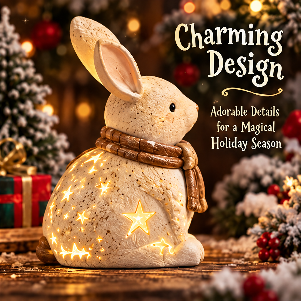 Side view of the Christmas bunny showing tall ears, scarf details, and glowing star-shaped openings