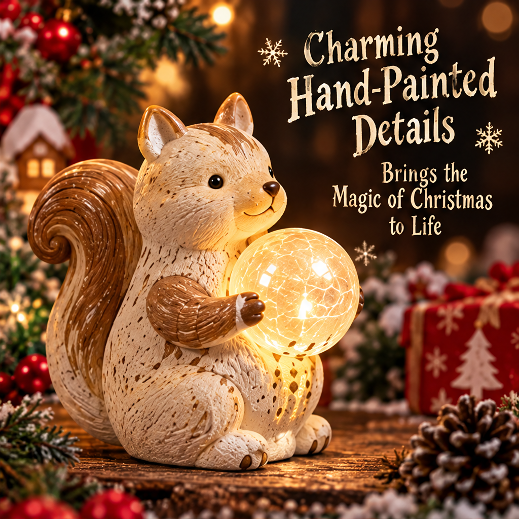 Angled view of the Christmas squirrel showing its face, textured coloring, and glowing orb