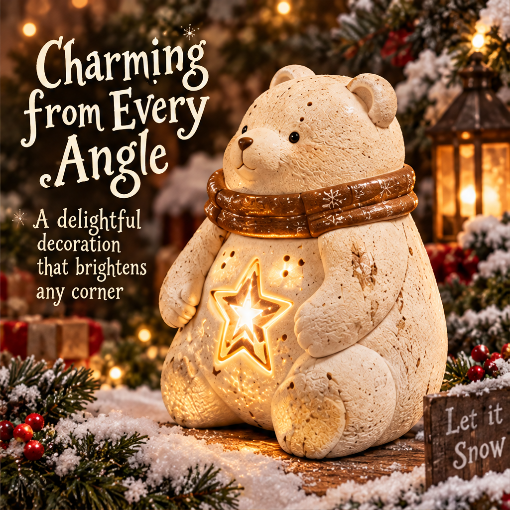 Angled view of the Christmas bear showing its seated paws, textured surface, and snowflake-patterned scarf