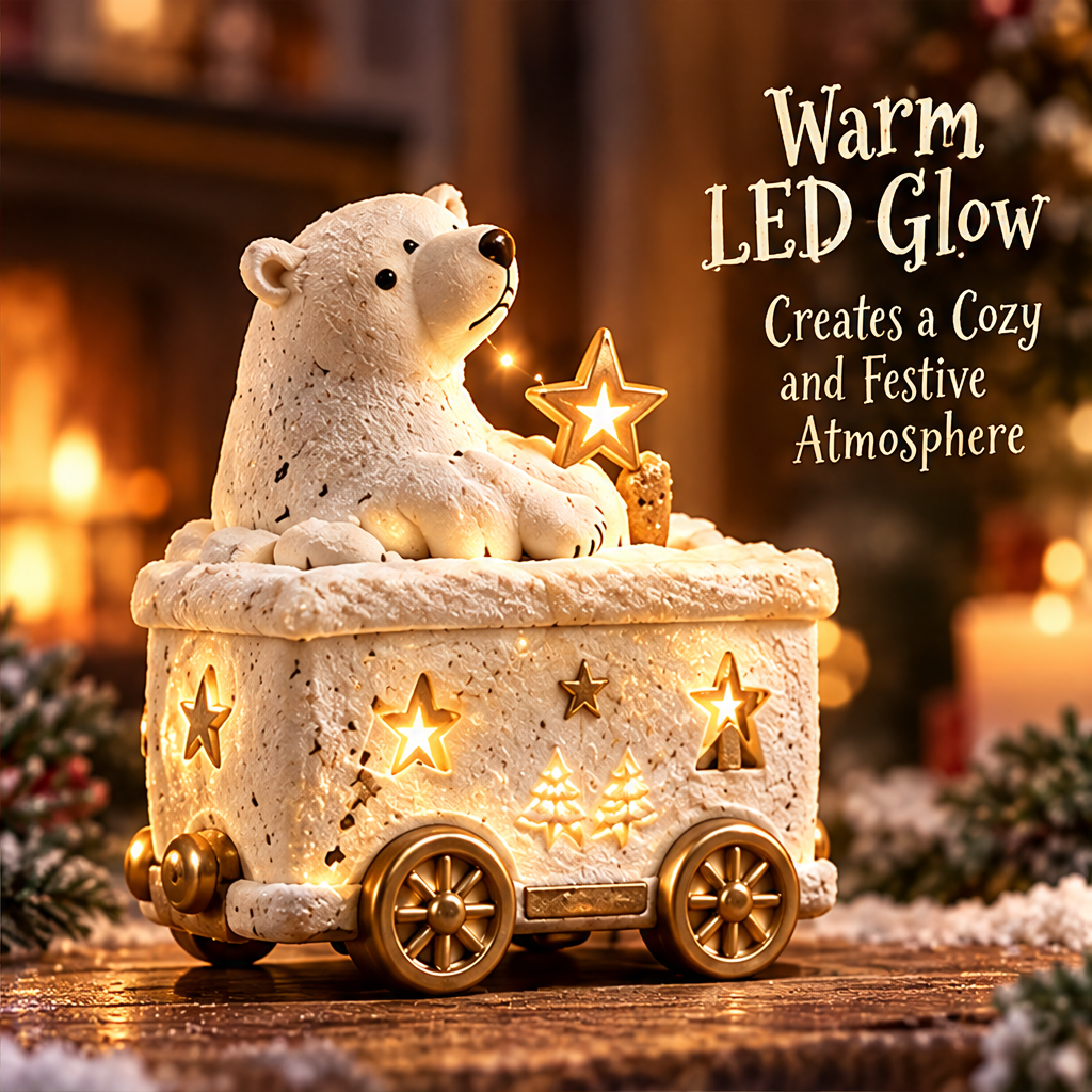Angled polar bear train car with glowing star openings and text describing its warm LED glow.