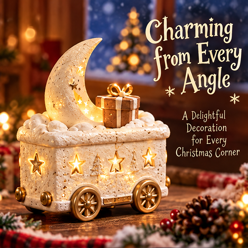 Three-quarter view of the crescent moon train car showing glowing stars, tree motifs and gold-tone wheels.