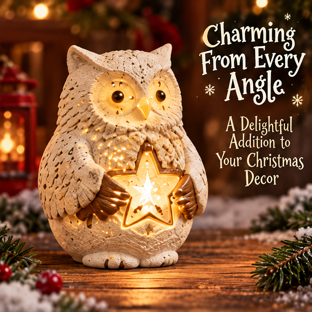 Angled view of the Christmas owl showing layered feather details and brown-gold accents around its star
