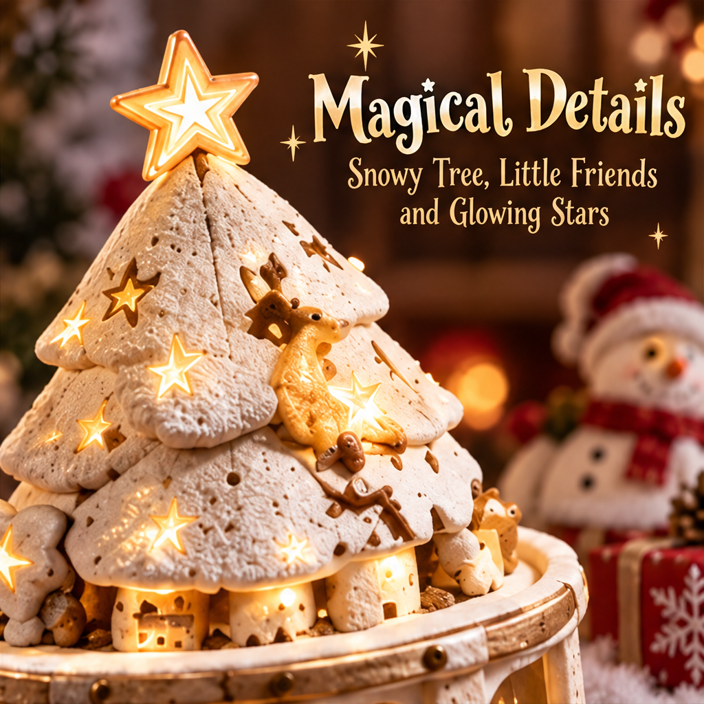 Glowing Christmas tree scene with text describing a warm glow and cozy festive atmosphere.