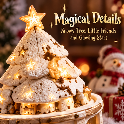 Glowing Christmas tree scene with text describing a warm glow and cozy festive atmosphere.