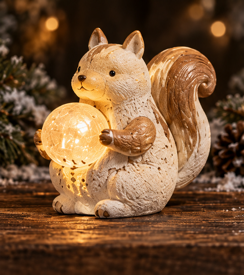 Cream and brown-gold seated squirrel holding a warm glowing orb, with a tall curled tail