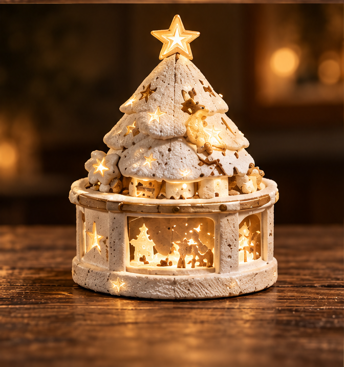 Light-up snowy Christmas tree with a glowing star topper, animal details and a round windowed scene base.
