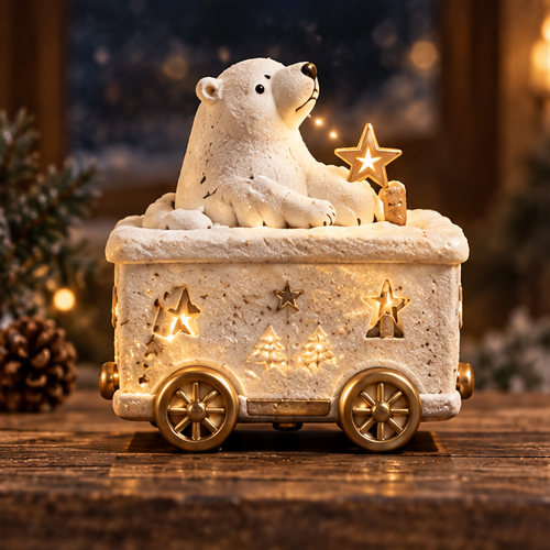 White polar bear beside a glowing star on a cream Christmas train car with gold-tone wheels.
