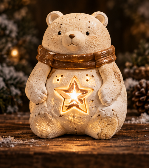 Front view of a cream-colored Christmas bear with a brown-gold scarf and glowing star in its belly