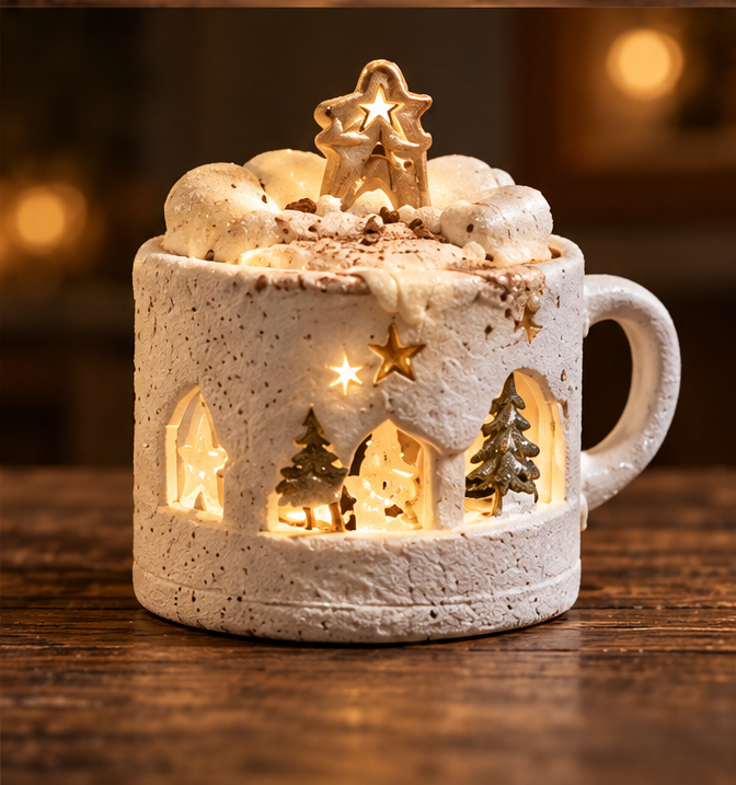 Light-up cream cocoa mug decoration with marshmallow-inspired details, star accent and miniature Christmas scene.
